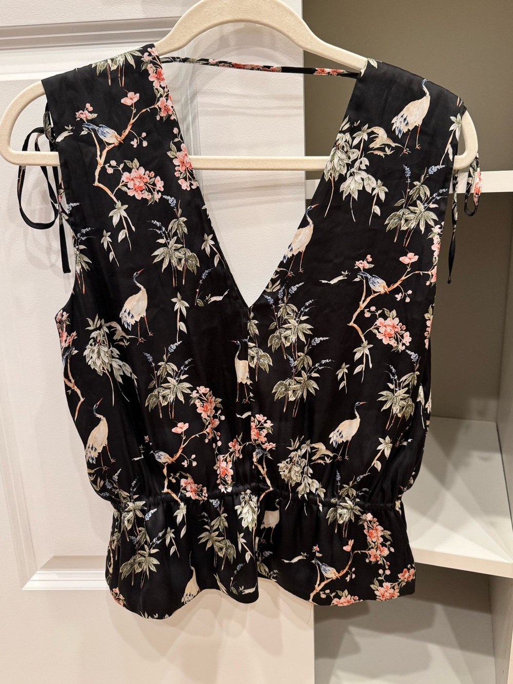Banana Republic Satin Ruched Pelpum Crane and Floral Top, Size M